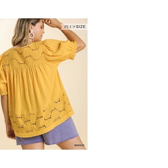 Umgee New Mustard Eyelet Floral Embroidered Boho Short Sleeve Top M - Picture 3 of 10
